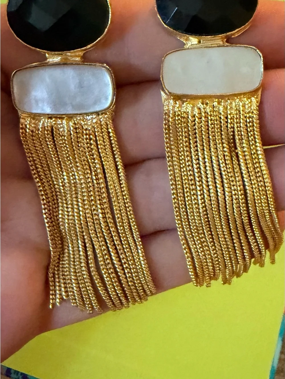 Gold Tassel Drop Earrings with Black Onyx and Mother Of Pearl - Picture 5 of 8